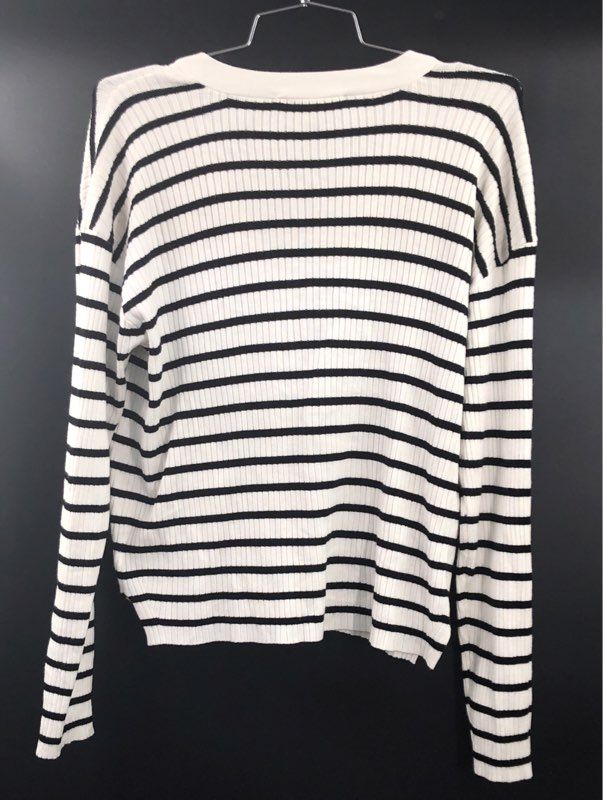 Black Tape Women's White Black Striped Ribbed Knit V-Neck Cardigan Sz M