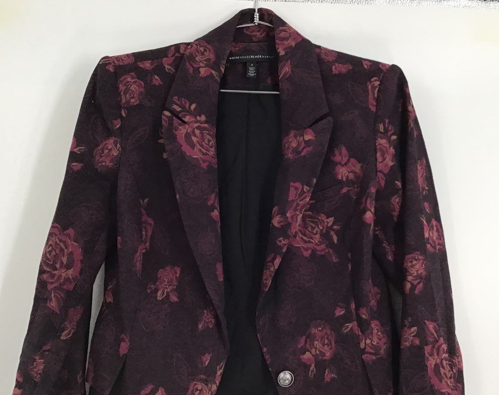 White House Black Market Women&#39;s Burgundy Floral Single-Breasted Blazer - Size 2