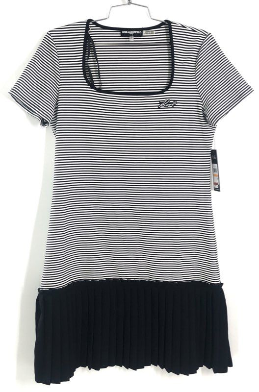 Karl Lagerfeld Paris Women's Black White Striped Pleated Hem Dress Size S NWT