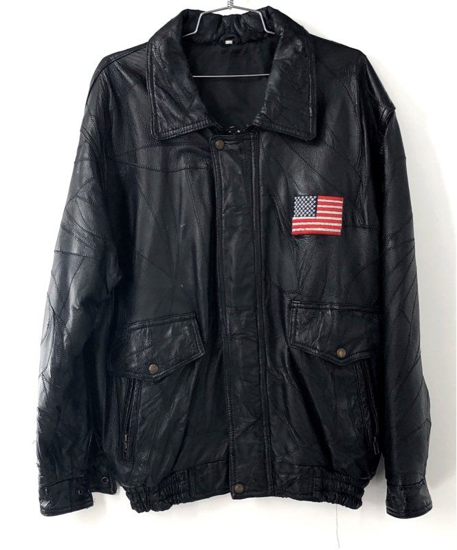 Vintage 90s Patriotic Eagle Patchwork Leather Bomber Jacket USA Flag Sz L