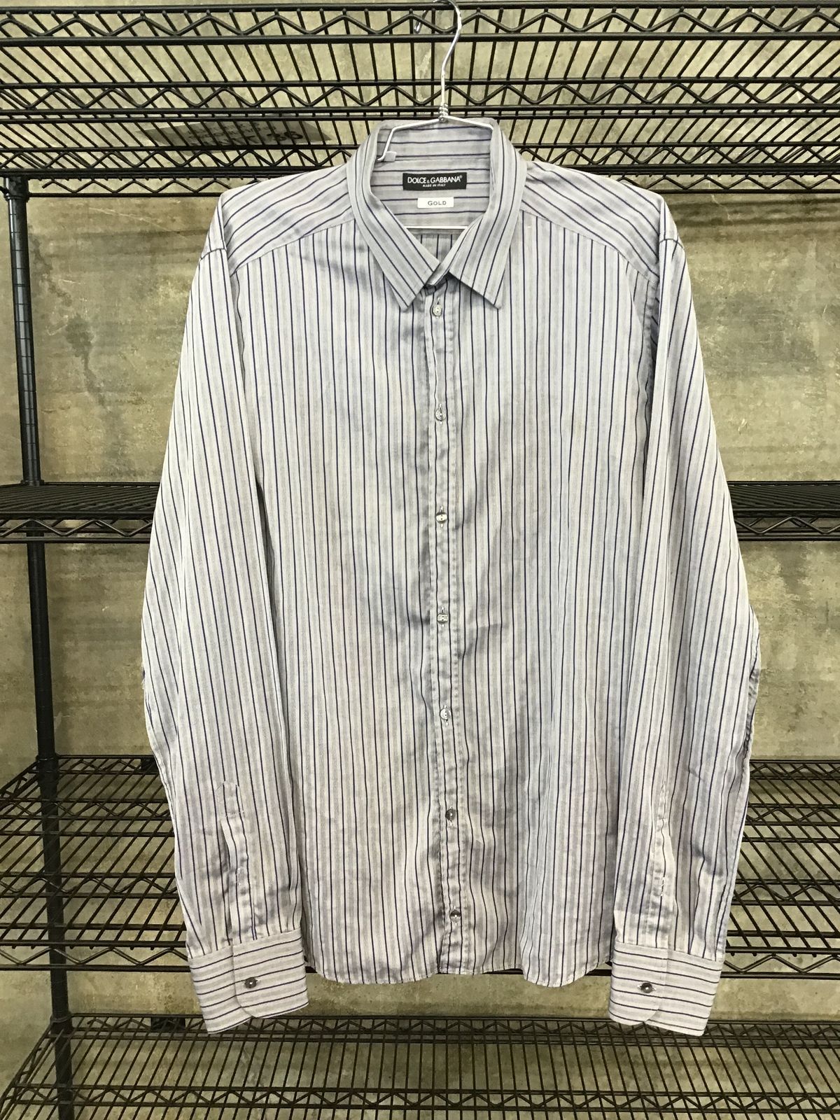 Dolce & Gabbana Men's Navy Blue\Grey Striped Dress Shirt-Size: 17 (+COA)