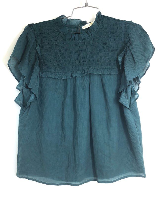 Marie Oliver Women's Sami Ruffle Blouse Lake Dark Green 100% Silk NWT Size M