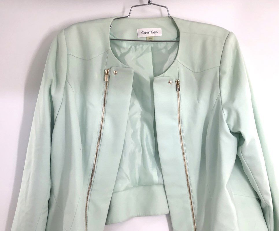 Calvin Klein Women's Mint Green Collarless Zip Front Blazer Jacket NWT Size 14W