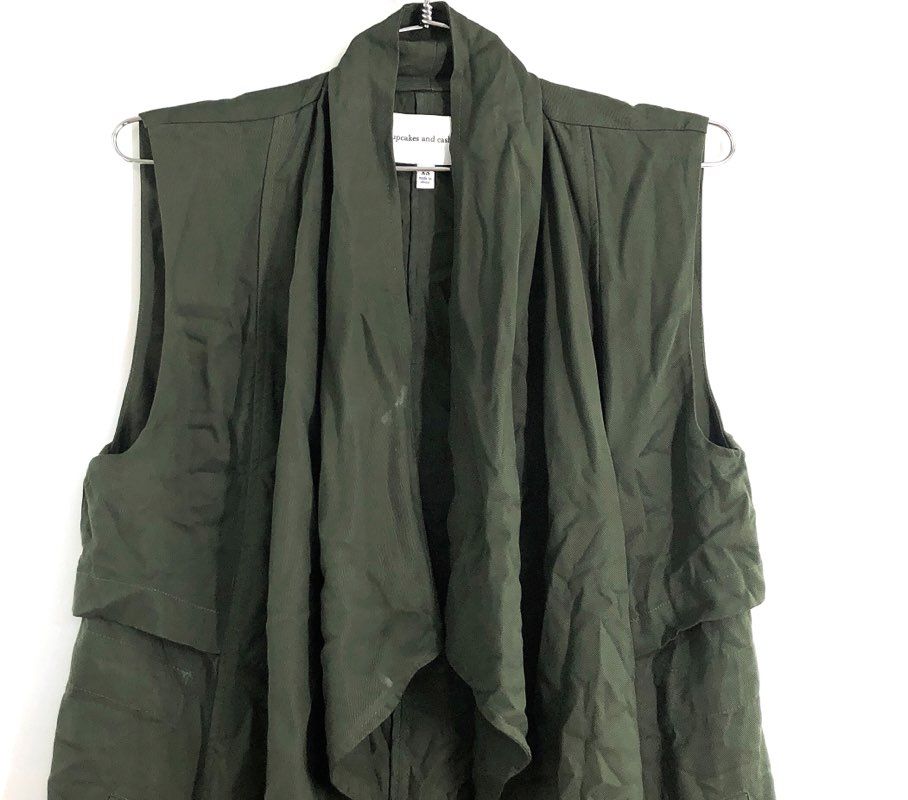 cupcakes and cashmere Women's Olive Green Waterfall Drape Long Vest Sz XS