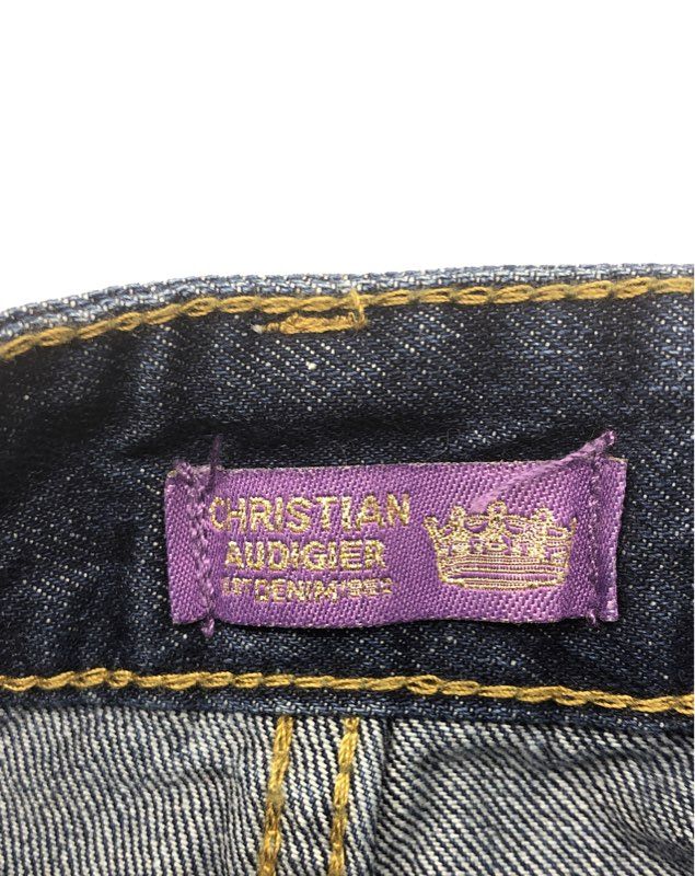 Christian Audigier Men's Dark Wash Liberty Head Rhinestone Wide Leg Jeans Size L