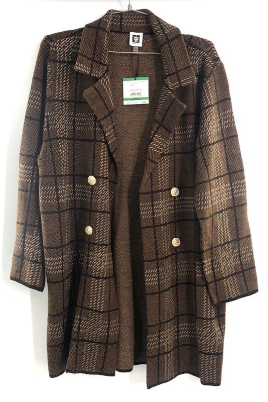 Anne Klein Women's Brown Plaid Knit Topper Sweater Jacket New With Tags Sz L