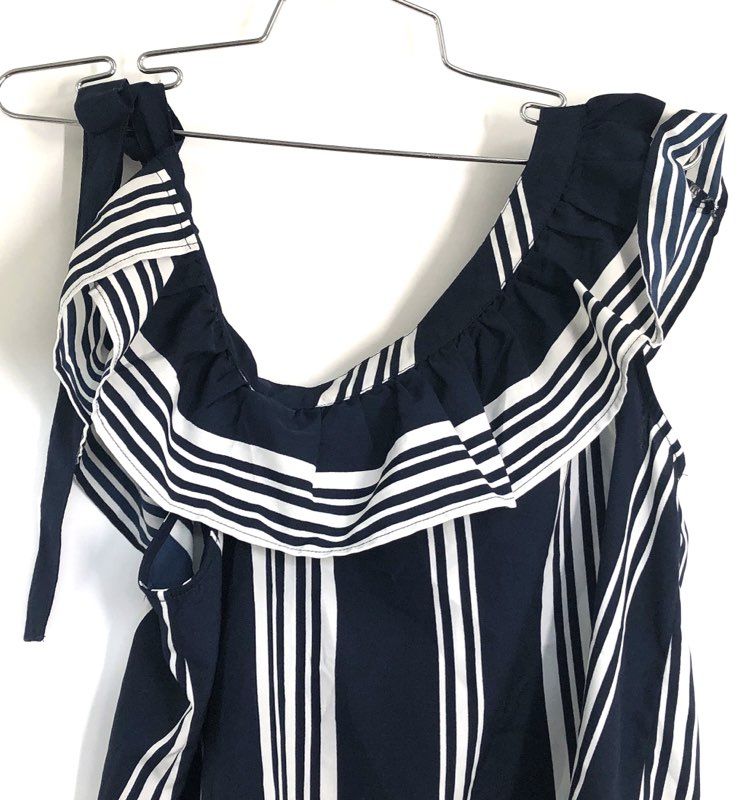ONLY Women's Navy Blue White Striped Ruffle One Shoulder Blouse Top Sz 36