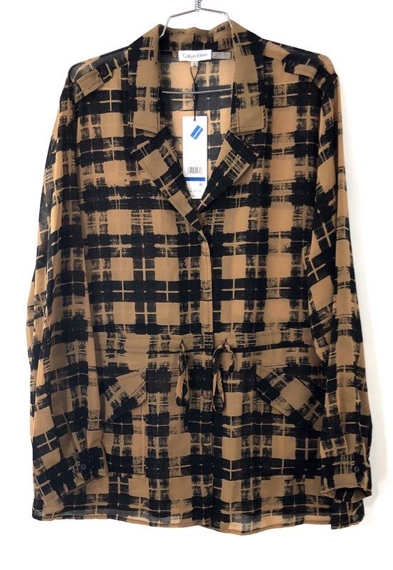 Calvin Klein Women's NWT Sheer Plaid Utility Blouse Tan Black Drawstring Sz XL