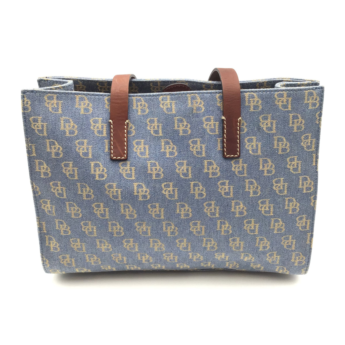 Authentic Dooney &amp; Bourke Women&#39;s Blue Gold Signature Print Luxury Tote Bag-COA