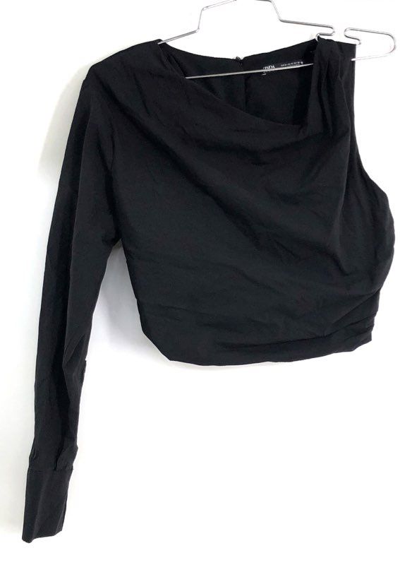 Zara Women's Black One Shoulder Draped Neck Long Sleeve Cropped Top Sz M