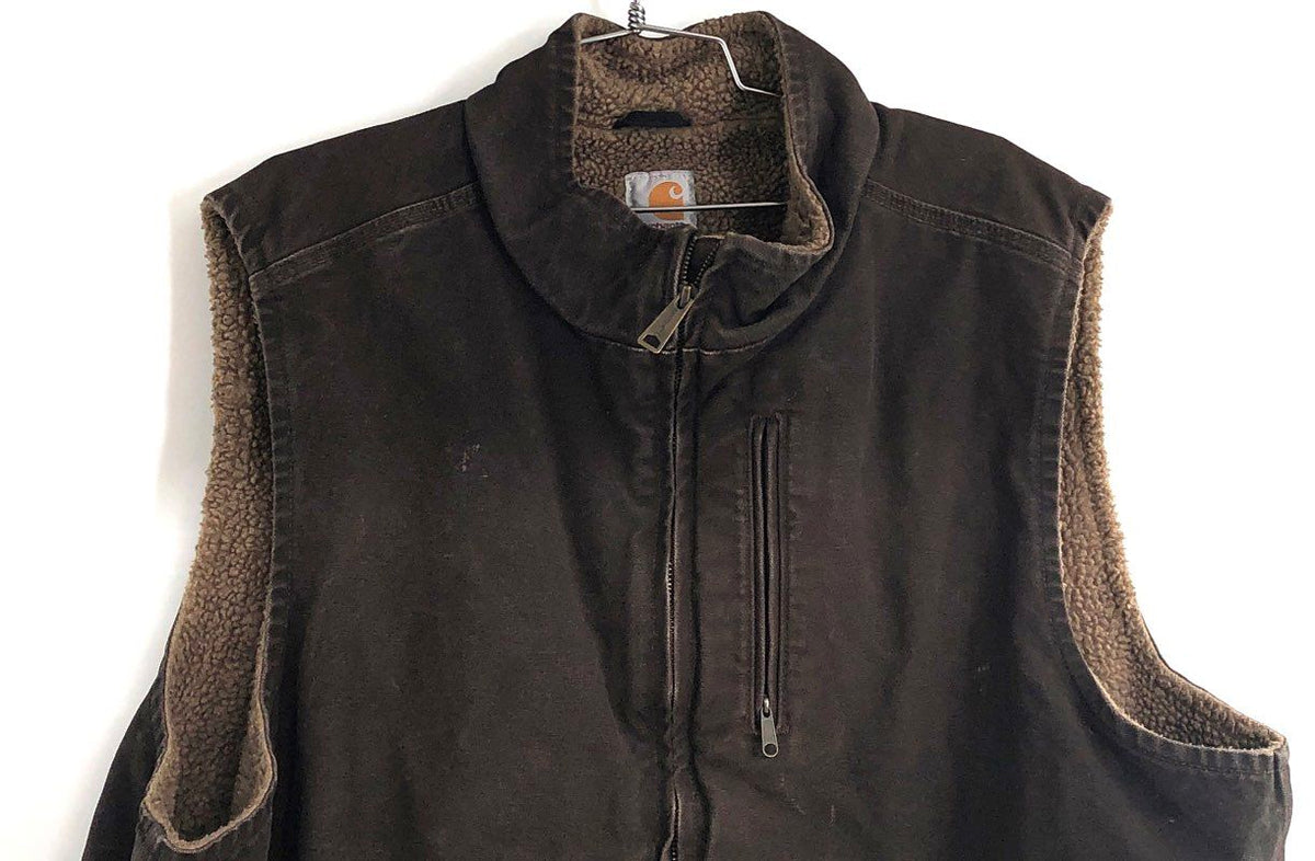 Carhartt V33 DKB Sandstone Duck Sherpa Lined Mock Neck Work Vest Brown Sz 2XL