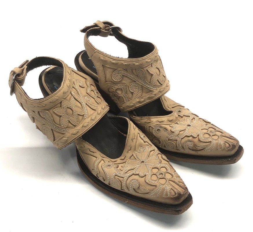 Lane Tan Floral Embroidered Leather Western Slingback Sandals Size 5.5