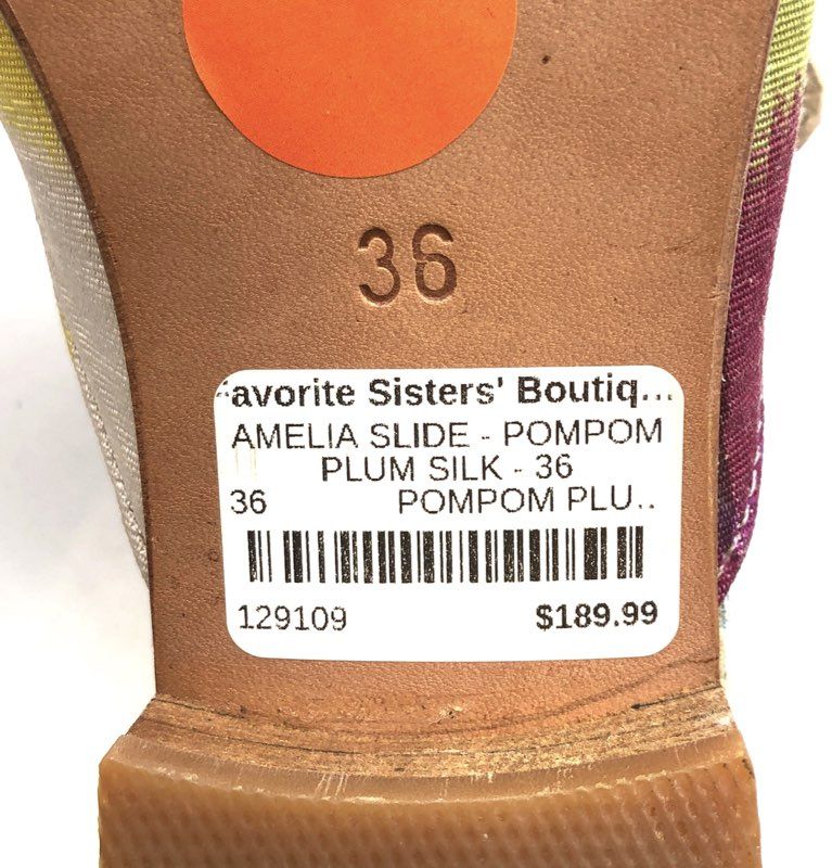 Baldiz Amelia Slide Multicolor Ikat Plum Pom Pom Silk Mules Flats Size EU 36