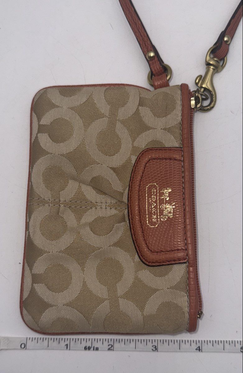 Coach Beige Signature Canvas Small Wristlet Pouch Brown Leather Gold Logo