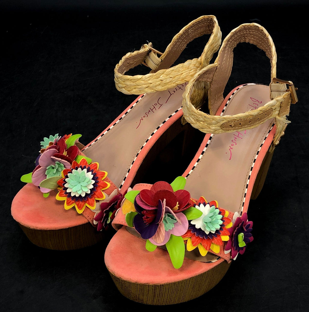 Betsey Johnson Jillie Floral Platform Sandals Coral Multi 3D Flower Size 7