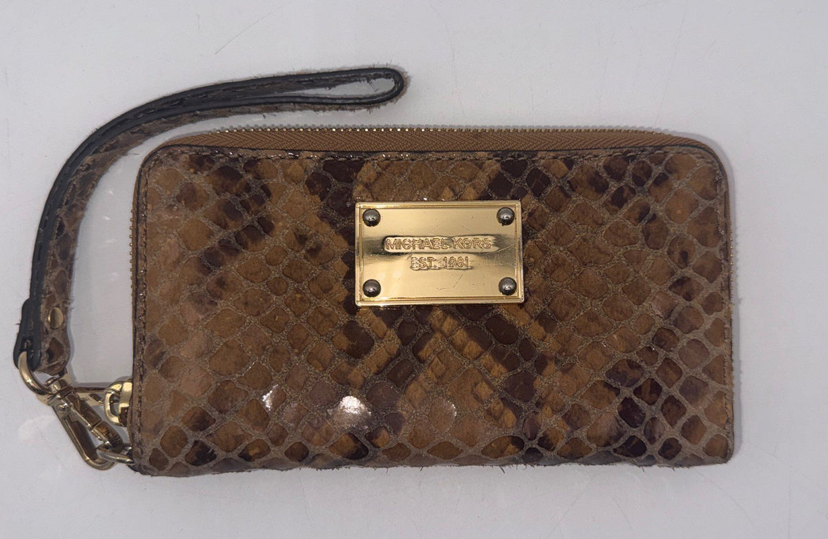 Michael Kors Brown Snakeskin Embossed Leather Zip Around Wristlet Wallet