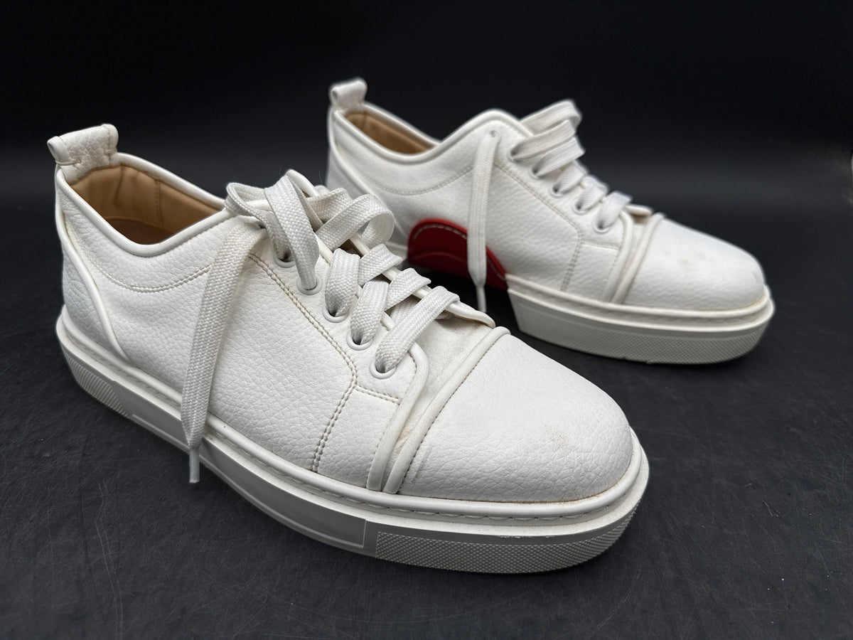 Red Sole Louboutin Style White Pebbled Leather Low Top Sneakers Men's Size 41