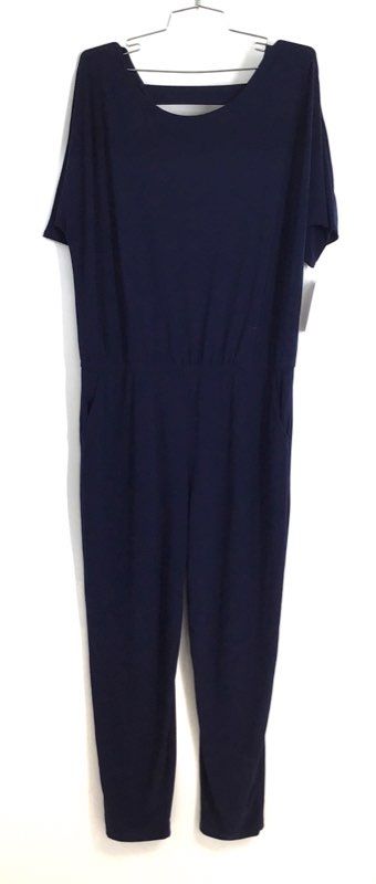 Clara Sunwoo Women's Navy Blue Soft Knit Jumpsuit Back Strap Pocket NWT Sz M