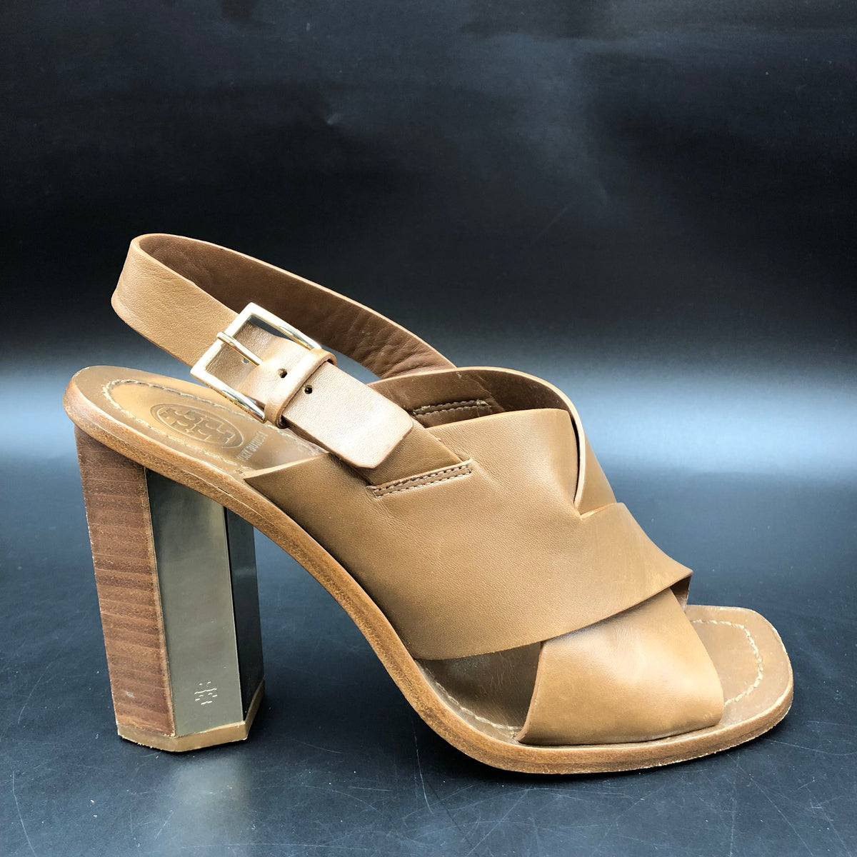 Tory Burch Brown Leather Cross Band Slingback Block Heel Sandals Size 7 COA