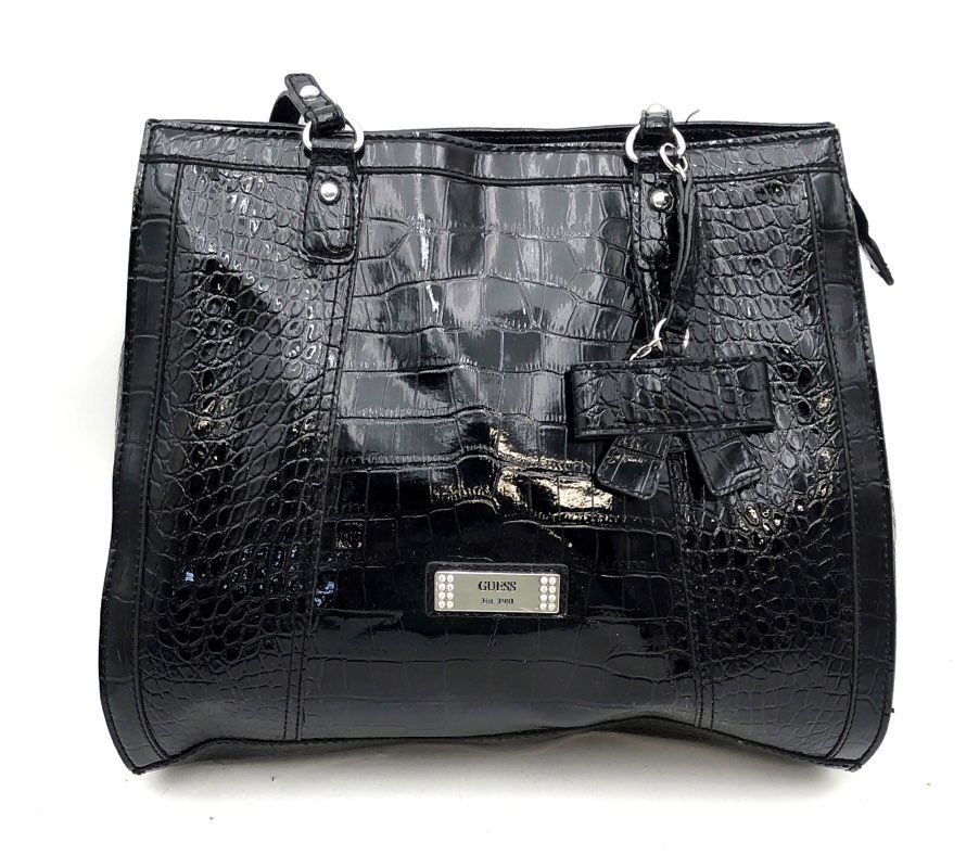 Vintage Guess Black Croc Embossed Patent Faux Leather Tote Shoulder Bag Y2K