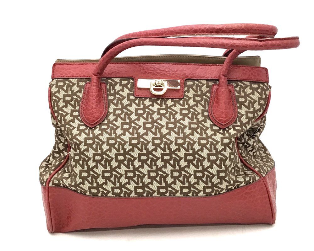 DKNY Tan Red Monogram Canvas Leather Tote Bag Gold Tone Hardware