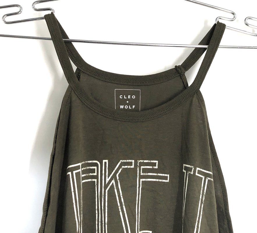 Cleo + Wolf Women's Tank Top Olive Green Sage Take It Easy Graphic Racer NWT XS