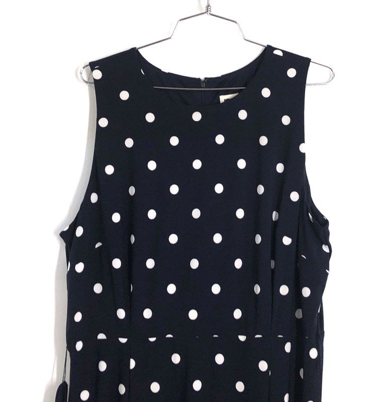Anne Klein Women's Navy White Polka Dot Sleeveless Belted Dress NWT Sz 14