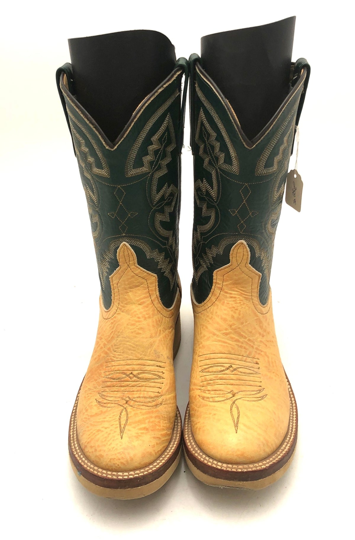 Anderson Bean Tan Bull Hide Green Leather Western Cowboy Boots Size 7.5