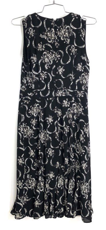 Talbots Women's Petite Black White Floral Ribbon Print Sleeveless Dress Sz 2P