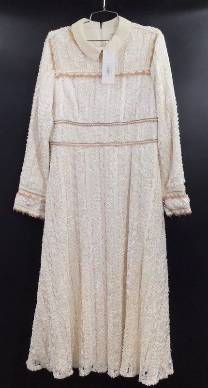 LunaLuna Women's Cream Brushed Lines Lace Midi Dress Long Sleeve NWT Size 50