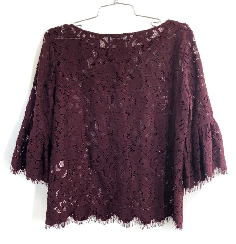 Karen Kane Women's Wine Floral Lace Bell Sleeve Blouse NWT Sz S