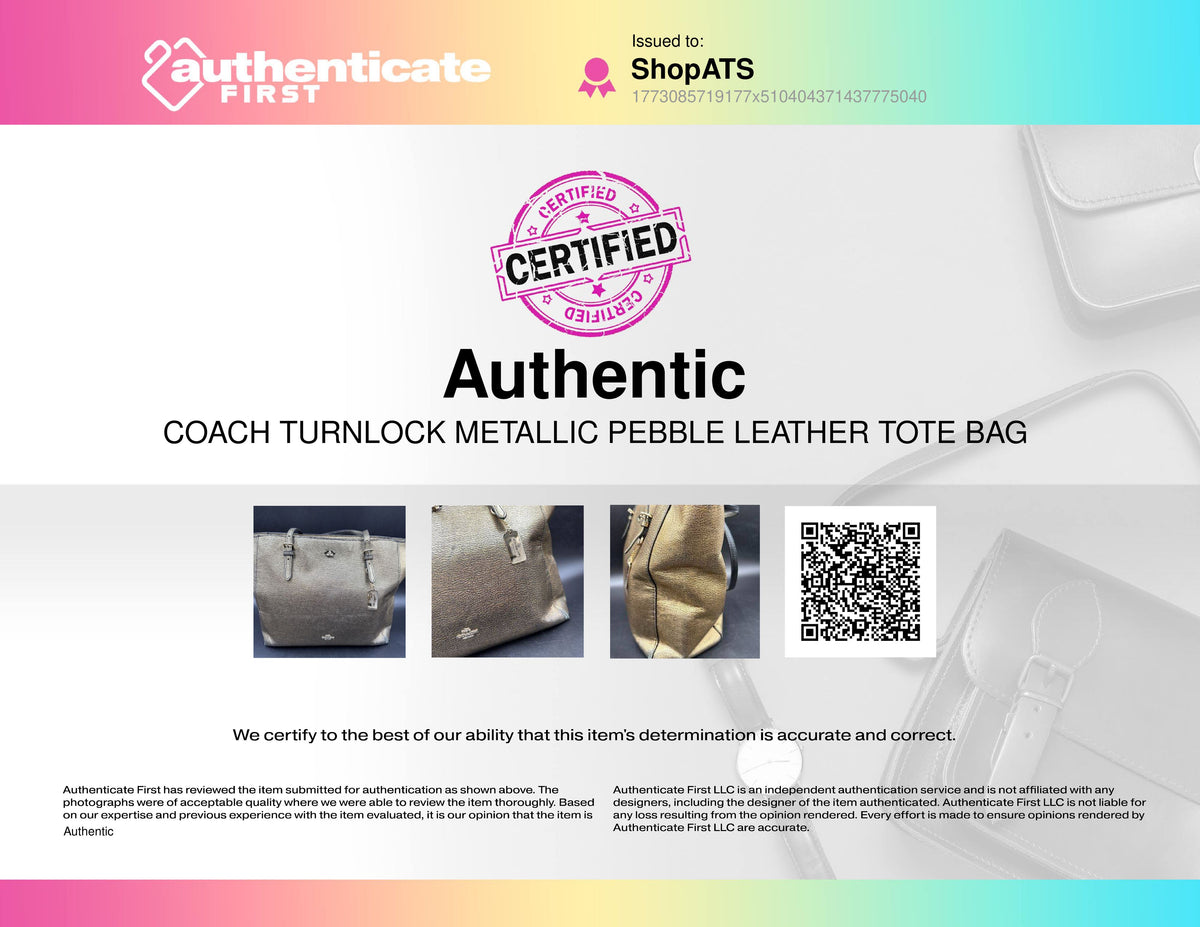 Coach Turnlock Metallic Gold Pebble Leather Tote Bag Purse COA