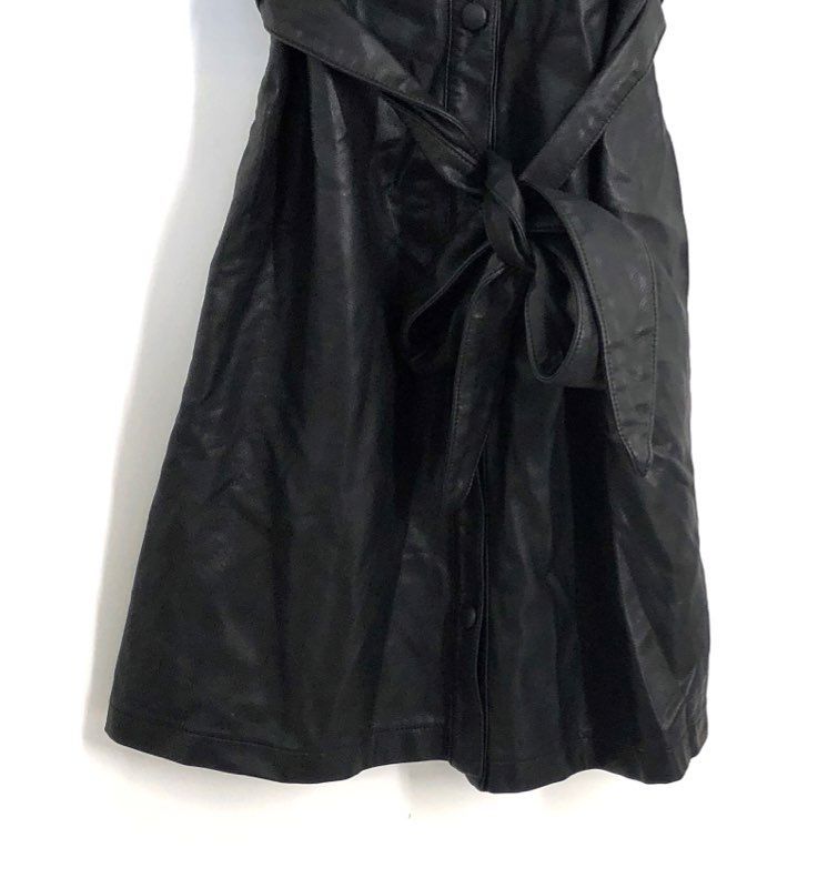 BLANKNYC Women's Black Vegan Faux Leather Short Sleeve Belted Shirt Dress XS