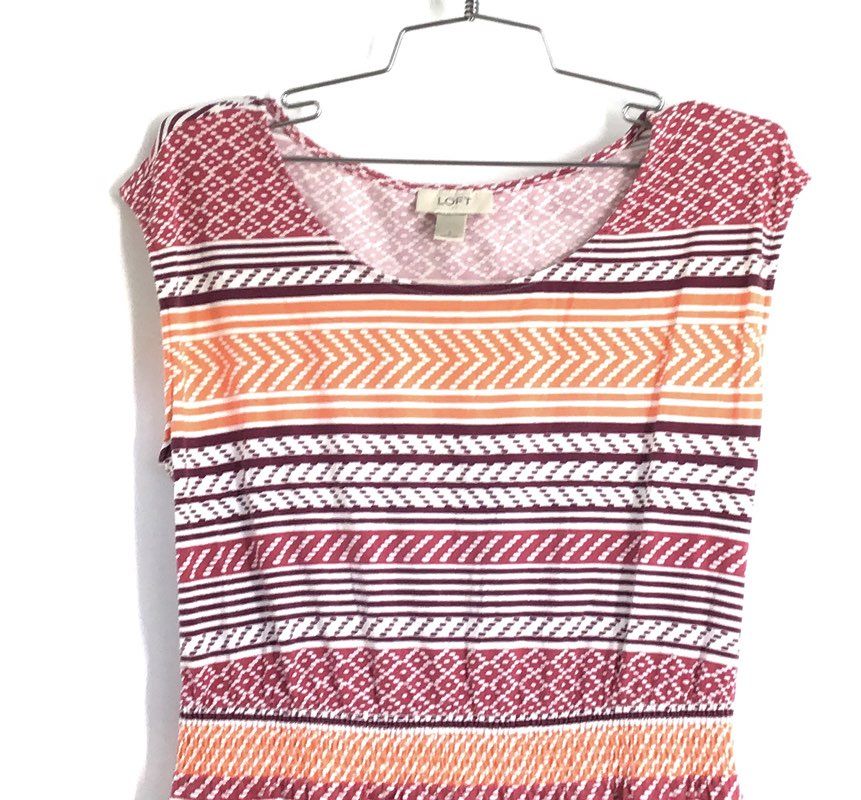 LOFT Women's Maroon Orange Geometric Striped Elastic Waist Jersey Dress Sz S