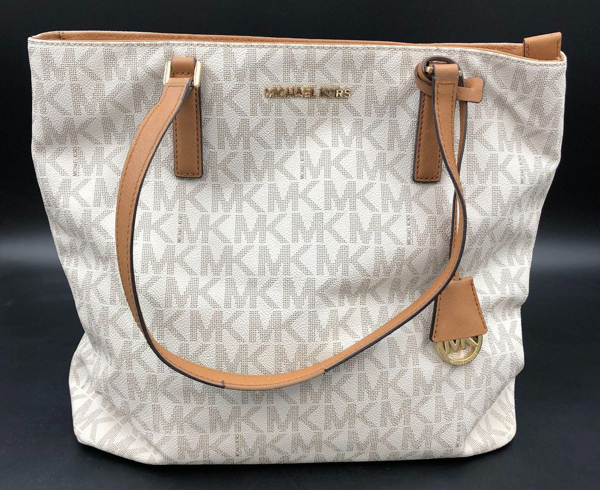 Authentic Michael Kors Women&#39;s Beige White Luxury Leather Tote Bag -COA Included