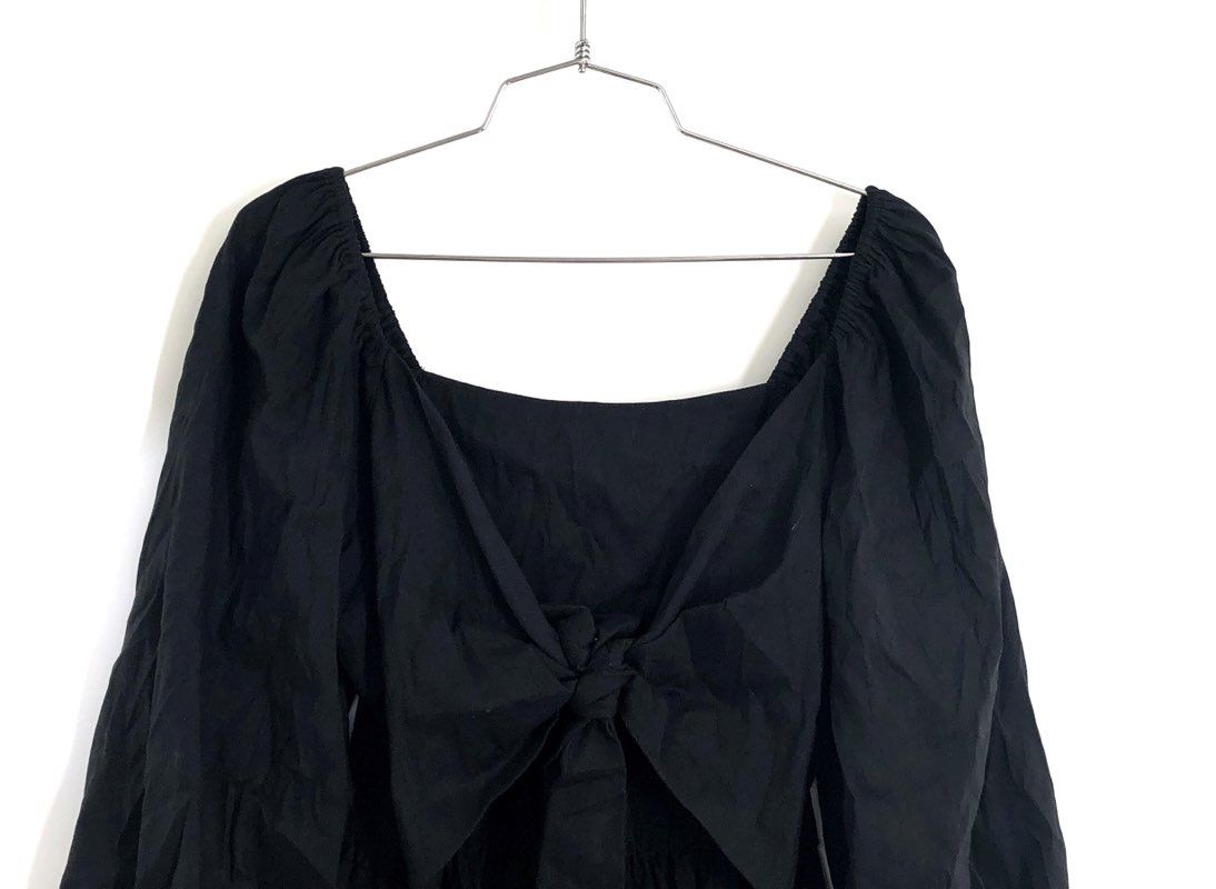 Fifteen Twenty Women's Black Linen Blend Tie Back Top Puff Sleeve Open Back XS
