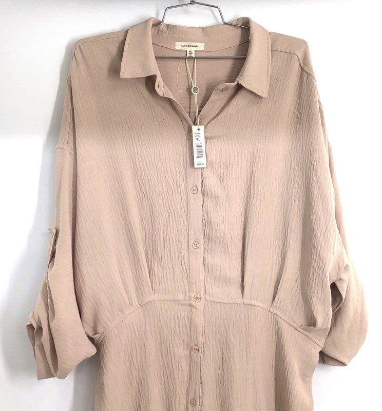 Max Studio Women's Papyrus Beige Textured Button Front Shirt Midi Dress XL NWT