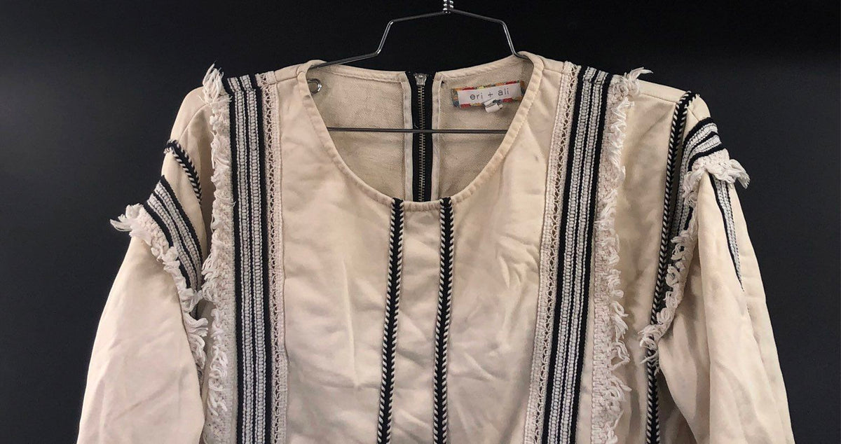 Eri + Ali Anthropologie Women's Cream Black Embroidered Fringe Sweatshirt Sz M
