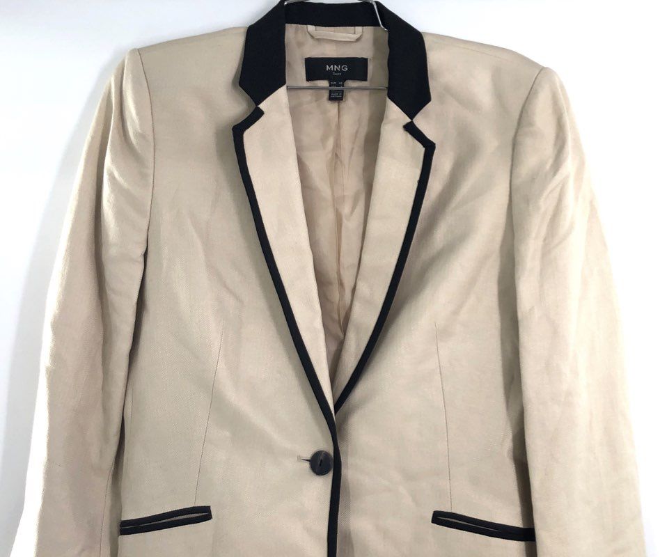 MNG Mango Women's Beige Linen Blend Herringbone Blazer Jacket Black Piping Sz 8