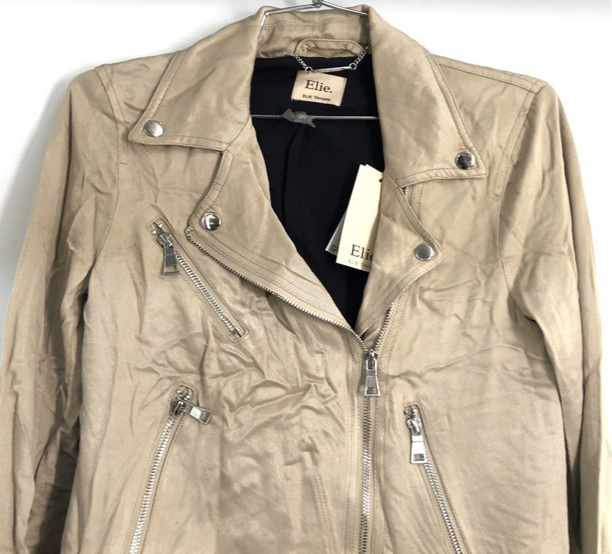 Elie Tahari Women's Beige Ribbed Viscose Asymmetrical Zip Moto Jacket Size M NWT