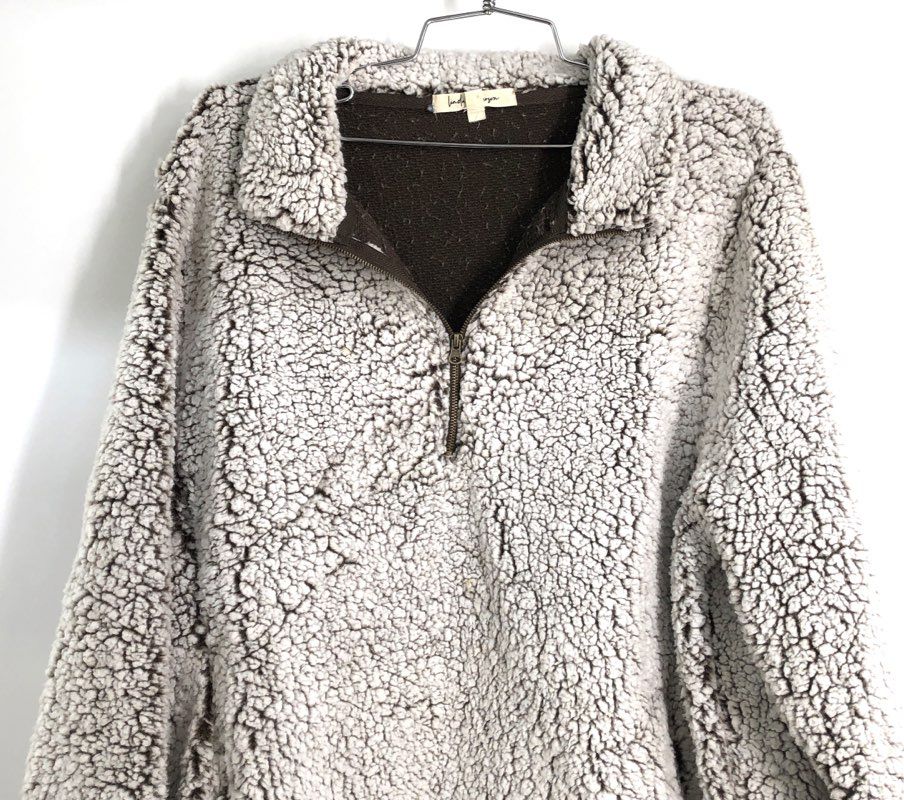 Linda Anderson Women's Brown White Sherpa Fleece 1/4 Zip Pullover Jacket Sz L