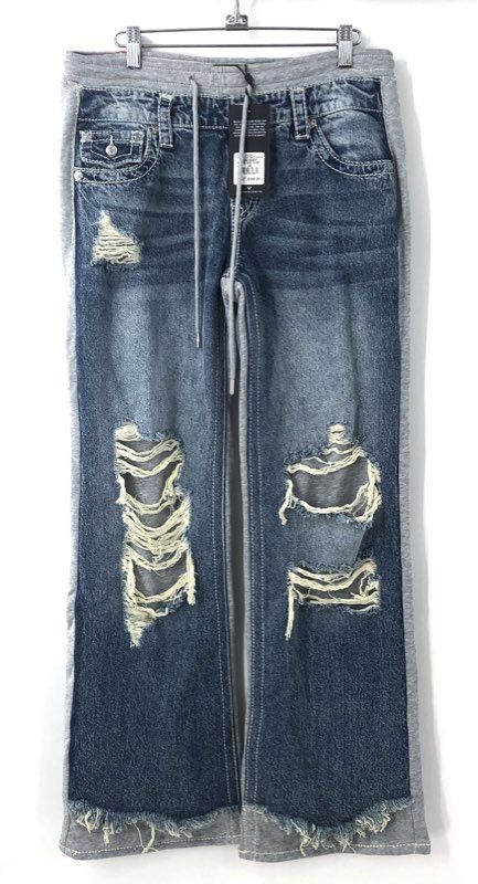 True Religion Women's Bobbi Baggy Big T Denim Fleece Pants Destroyed NWT Sz 26