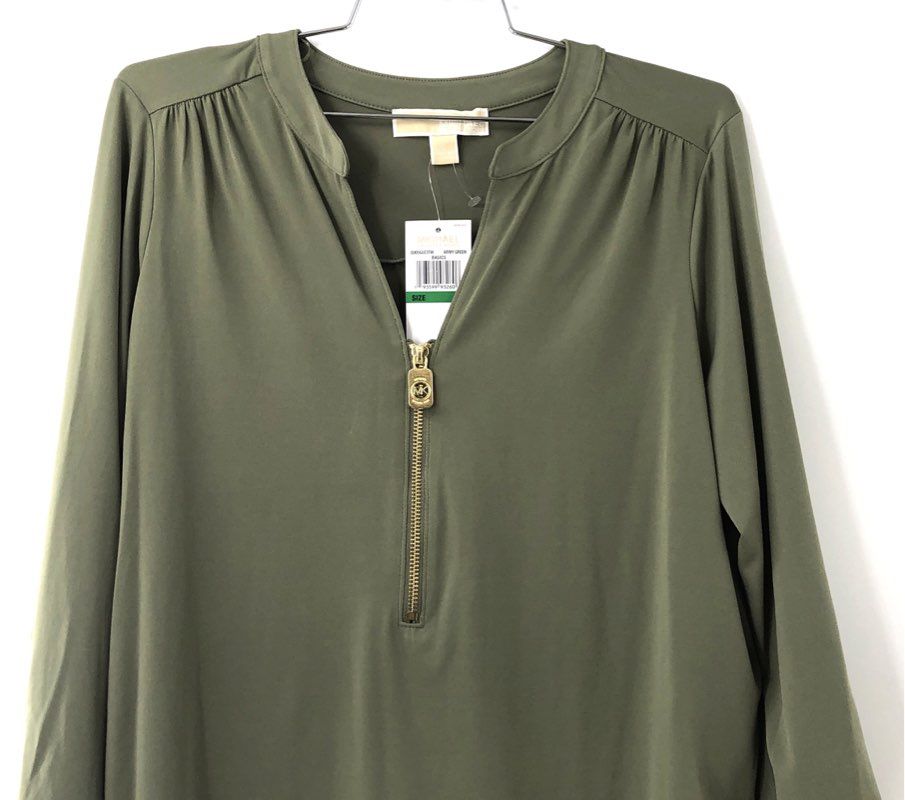 Michael Kors Women's Army Green Gold Zip Front Tunic Blouse Long Sleeve Sz L NWT