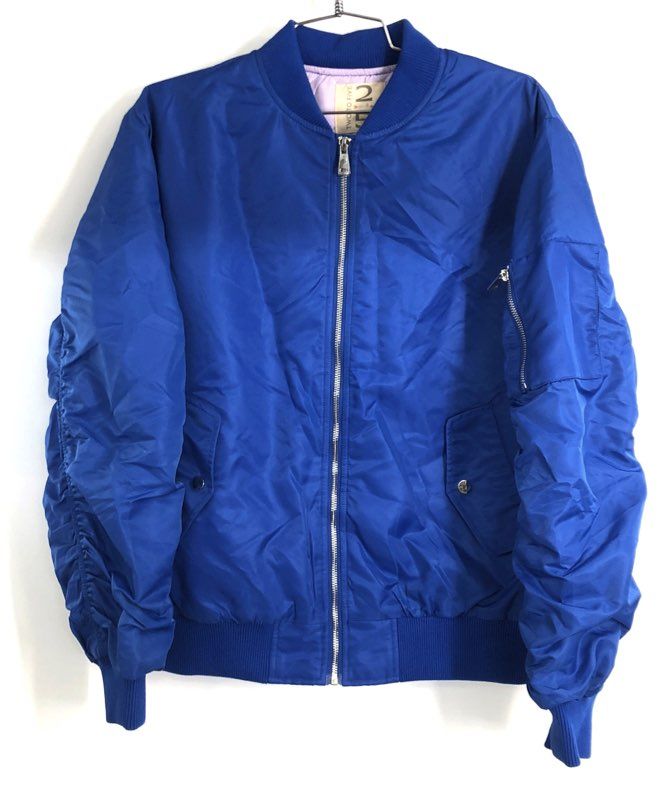 Two to Five Women's Royal Blue Ruched Sleeve Bomber Jacket Quilted Lining Sz M