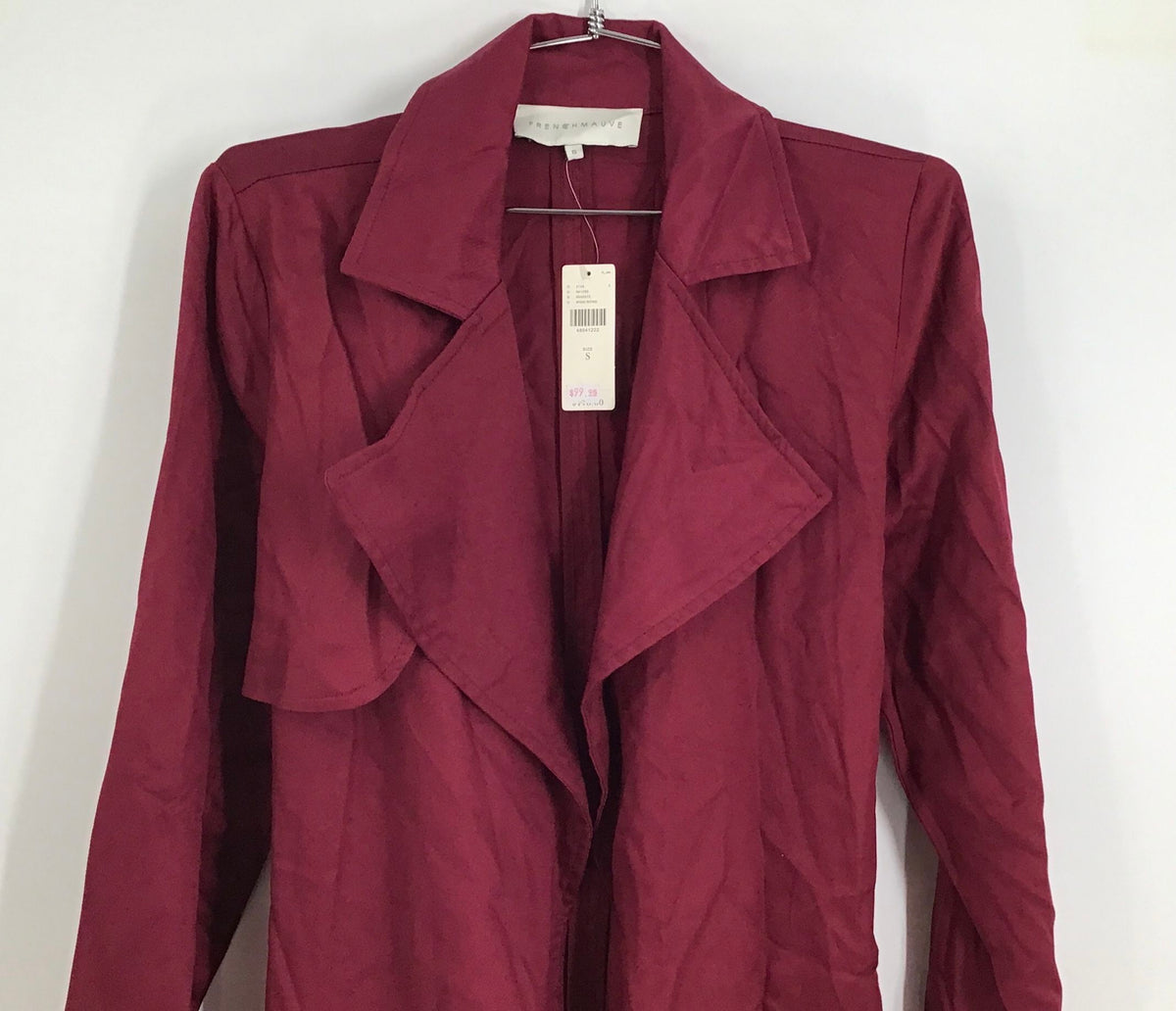 NWT Frenchmauve Women&#39;s Wine Cabernet Mermaid Ruffle Trench Coat - Size Small