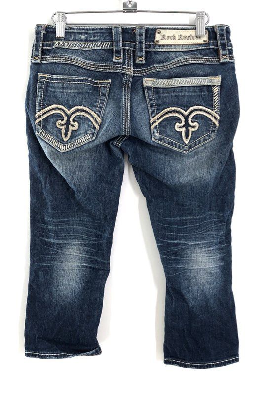 Rock Revival Women's Alanis Capri Jeans Blue Embellished Distressed Sz 27