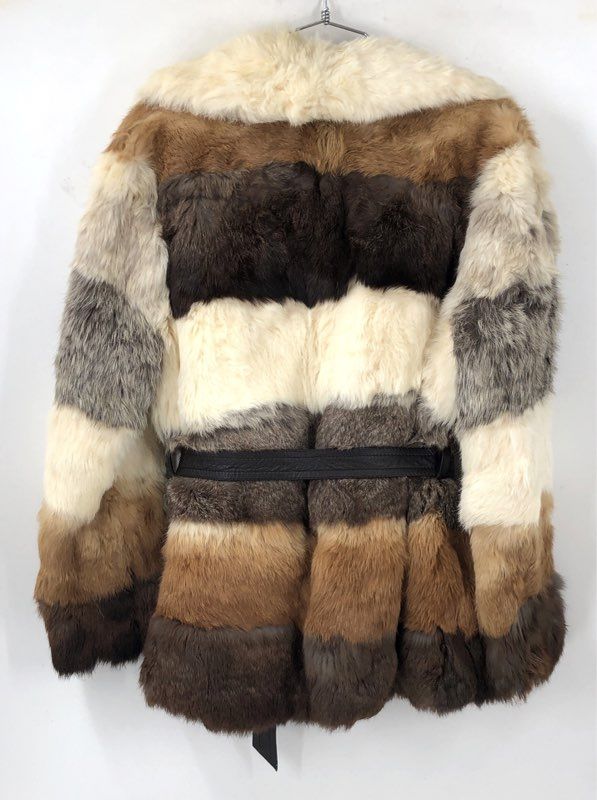 Vintage 70s Patchwork Rabbit Fur Belted Jacket Coat Made in Korea Sz L