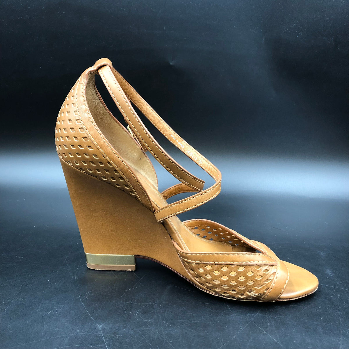 Tory Burch Gigi Light Brown Leather Peep Toe Wedge Sandals Size 7 COA