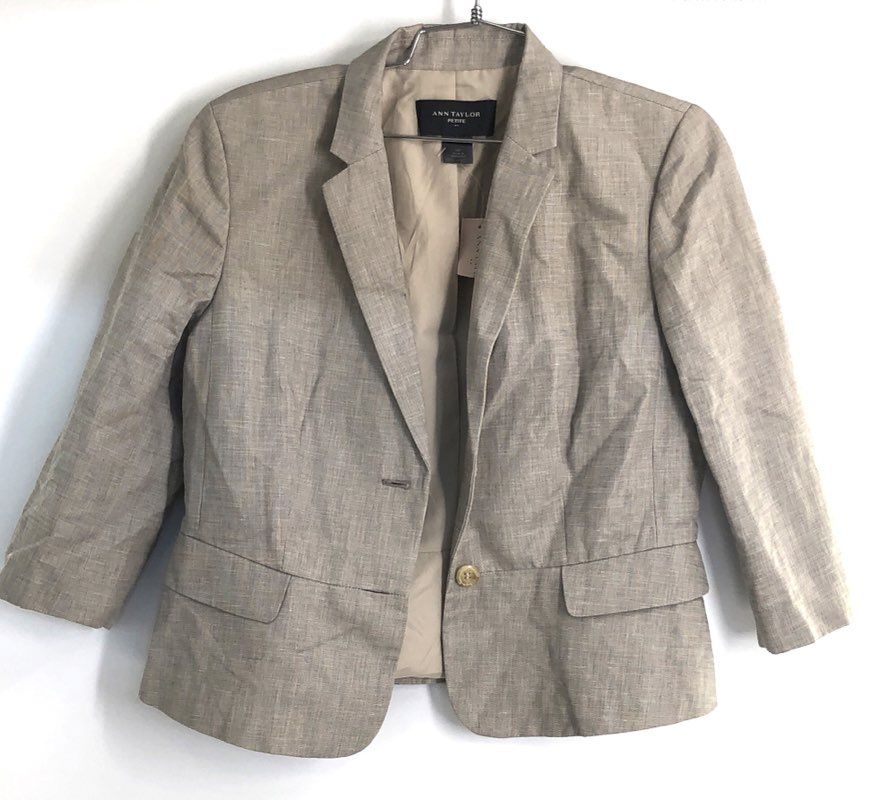 Ann Taylor Petite Women's Gray Tan One Button Blazer Jacket NWT Sz 10P