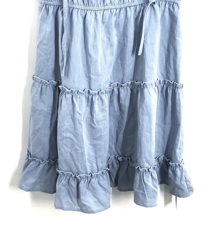 Women's Light Blue Sleeveless Ruffle V-Neck Tie Front Tiered Mini Dress Sz S